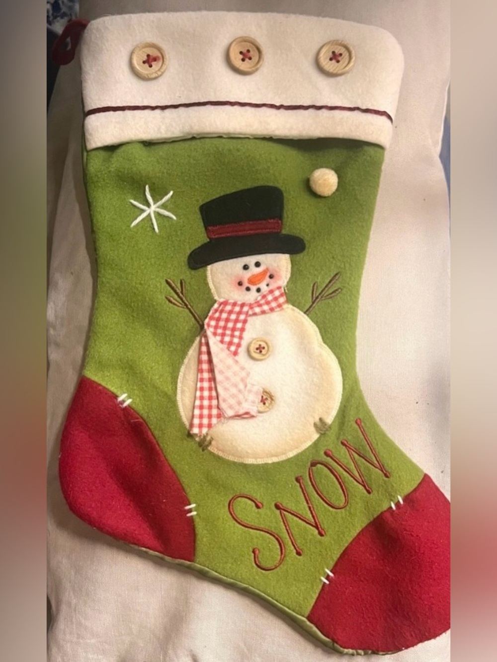 Vintage Y2K Primitive Folk Art Snowman Christmas Stocking Appliqué